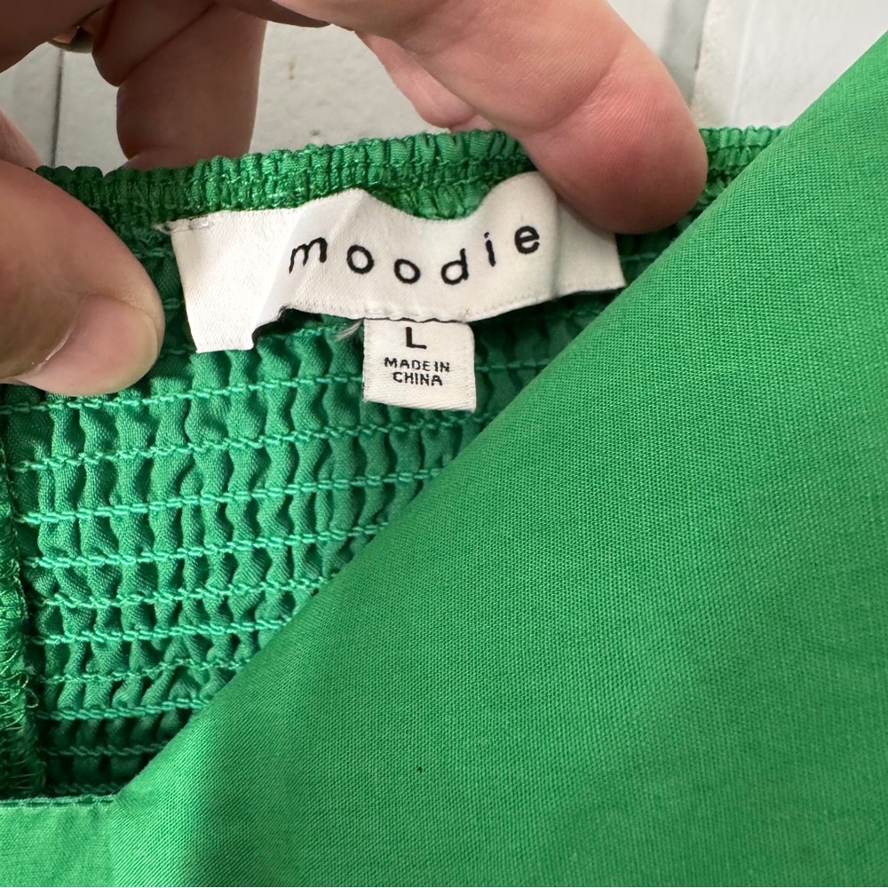 Moodie Green Babydoll Mini Dress Flare Ric Rac Trim Tie Front Smocked Back Large - Picture 7 of 15